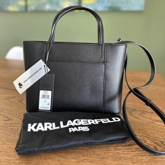 NWT! Karl Lagerfeld Maybelle Mini Tote Satchel Fur Patch Logo Black - Picture 2 of 7